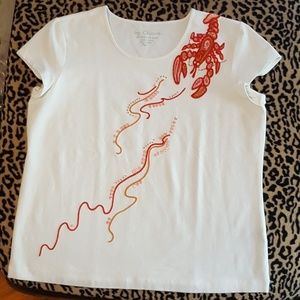 Chicos white tee with red Lobster embellishment
